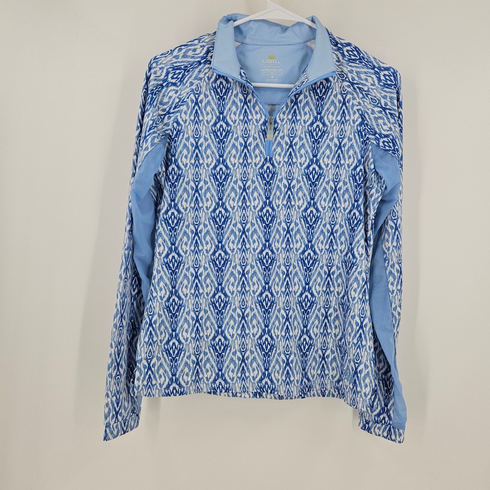 Kastel Denmark Charlotte Sun Shirt Blue Ikat Print 1/4 Zip Mesh Panels Size M